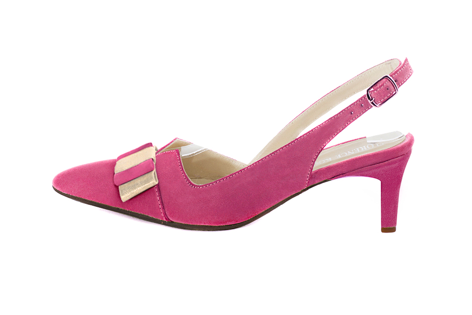 Fuschia pink and gold women's open back shoes, with a knot. Tapered toe. Medium comma heels. Profile view - Florence KOOIJMAN